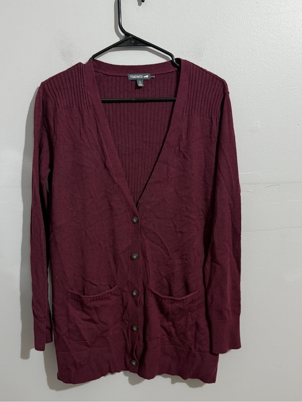 Toad Co Cassidy Cardigan Womens S Merino Wool Burgundy Long Button Front Sweater